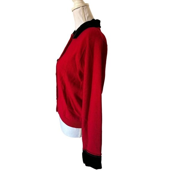 Vintage Valerie Stevens Red Sweater Cardigan Black Velvet Trim Merino Wool Sz M - Picture 5 of 11